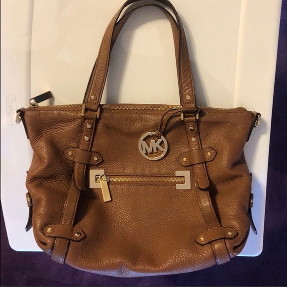 LARGE MICHAEL KORS BEDFORD COGNAC PEBBLE LEATHER DOME CONVERTIBLE SATCHEL XBODY - Picture 3 of 10